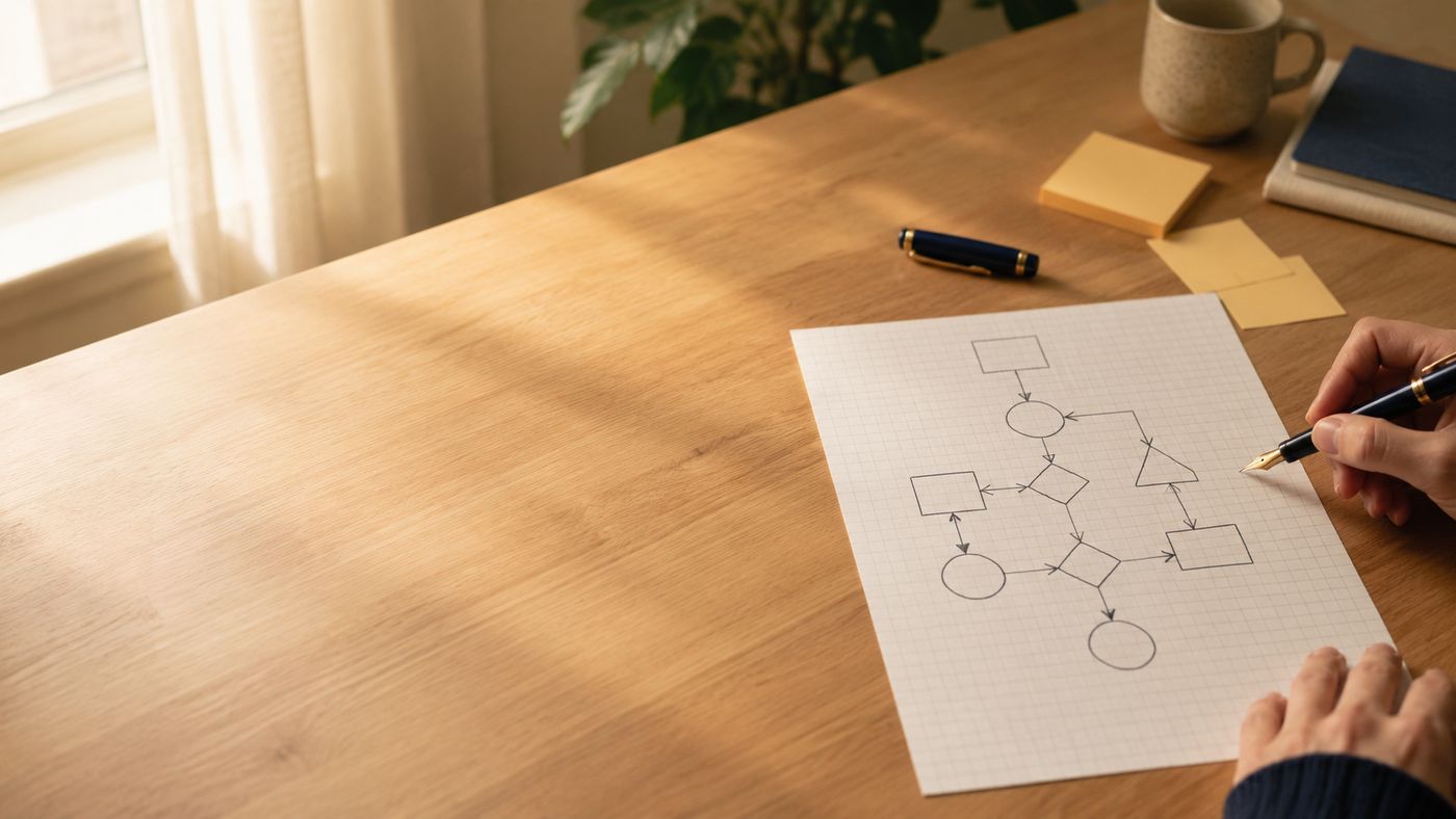 紙に業務フローを描きながら整理する様子